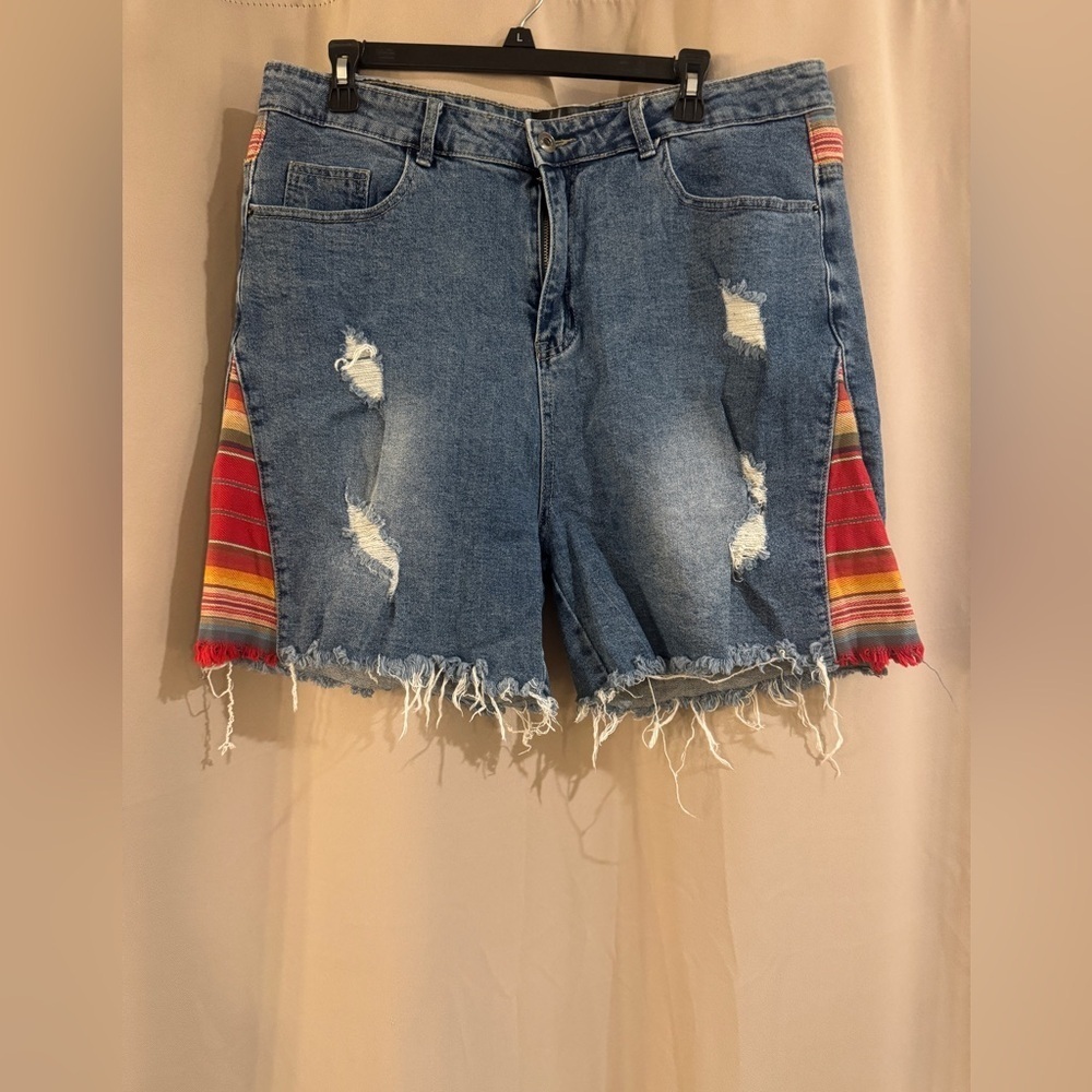 Source Unknown Blue Denim Jean Shorts with Red Striped Side Panels